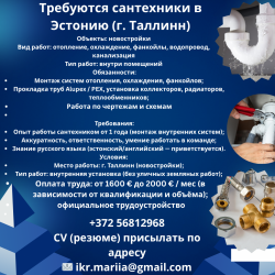 Эстония Требуется сантехник (внутренние работы)